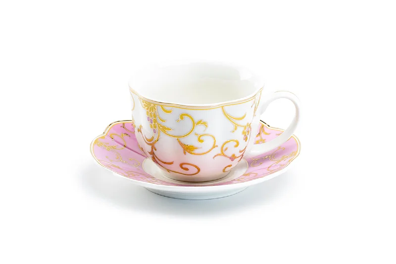 large travel cup for hot drinks -Pink Gold Scroll Fine Porcelain Cup and Saucer