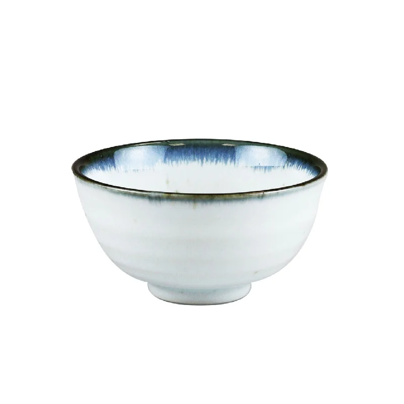 luxury porcelain cups for tea parties -Shirokinyo Ivory Speckled Rice Bowl with Indigo Rim 13.5 fl oz / 4.96" dia