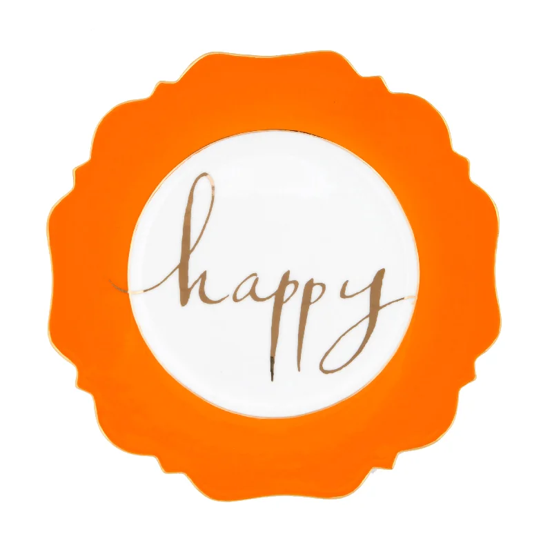 personalized porcelain flatware for weddings -Orange 'Happy' Side Plate