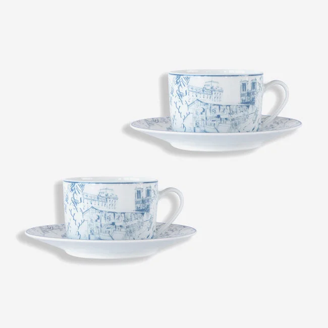 large insulated coffee mug -Bernardaud | Tout Paris Teacup & Saucer - Set of 2 - White & Blue