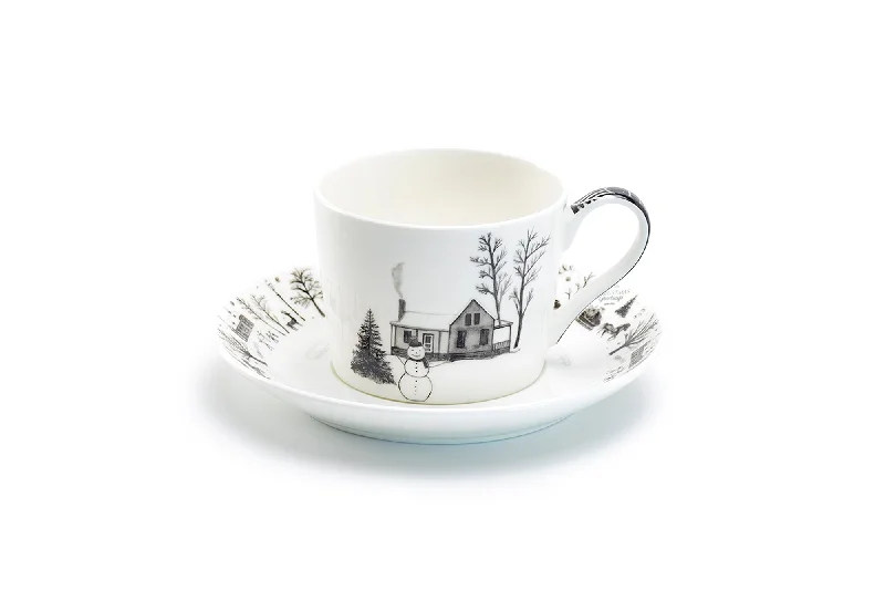 insulated tea mug -Winter Wonderland Snowman Village Bone China Tea Cup and Saucer