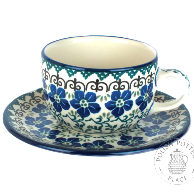 novelty coffee mug -9oz Cup & Saucer - Blue Primrose with Green