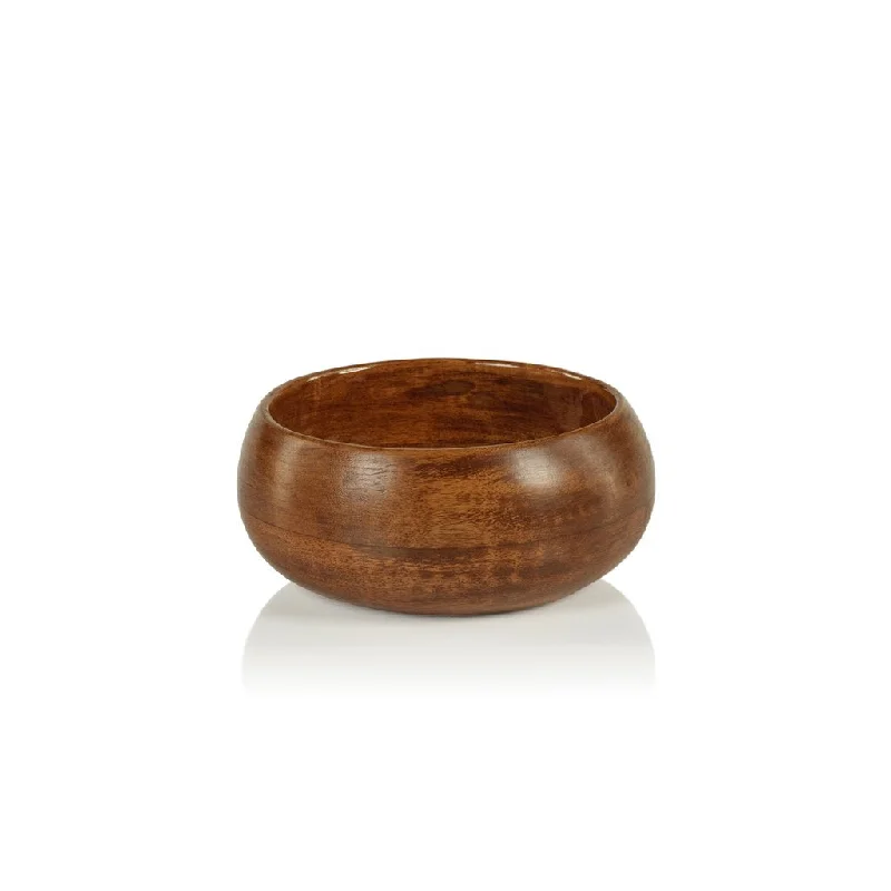 reusable bamboo serving dishes for picnics -Gabonese Round Mango Wood Bowl - Walnut Enamel