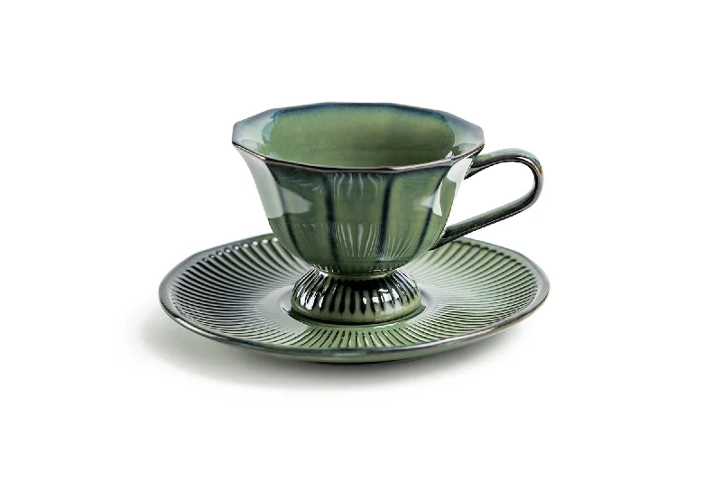 portable coffee mug for travel -Emerald Elegance Fine Porcelain Cup and Saucer