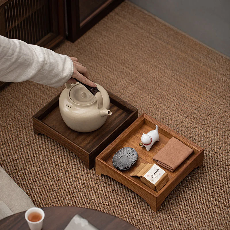 high-quality bamboo cutlery for kids -Gohobi Square Walnut Teak Wooden Serving Tray Teapot Tray