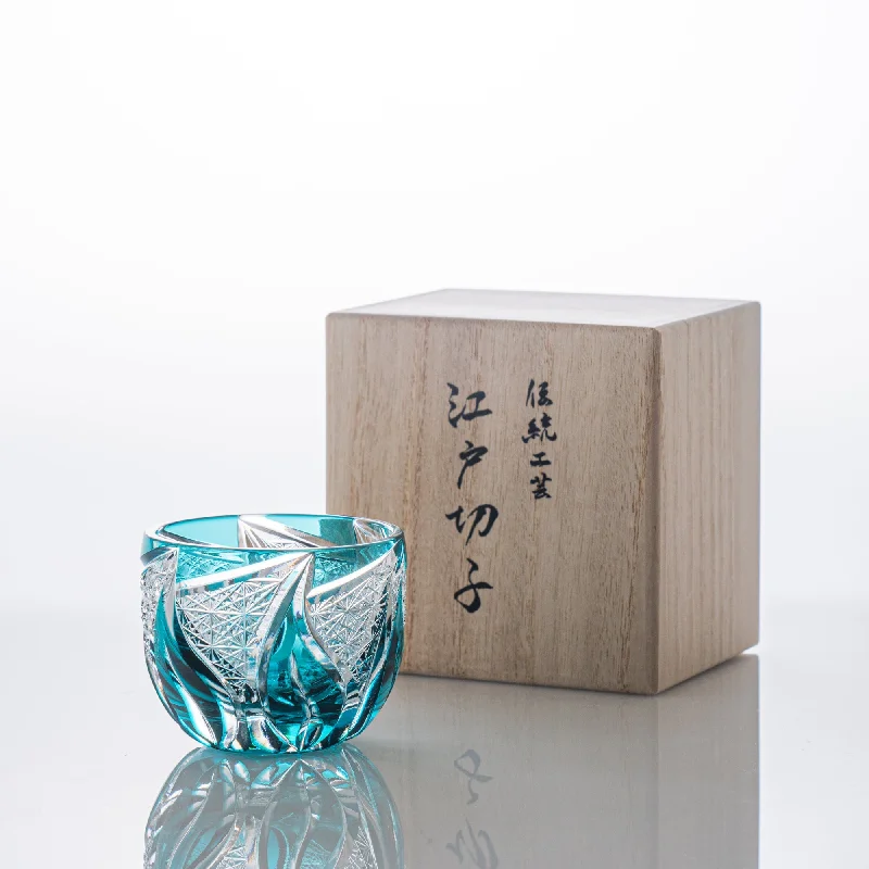 plain white tea mug -Kiyohide Glass Green Flame Edo Kiriko Cut Glass Guinomi Sake Cup