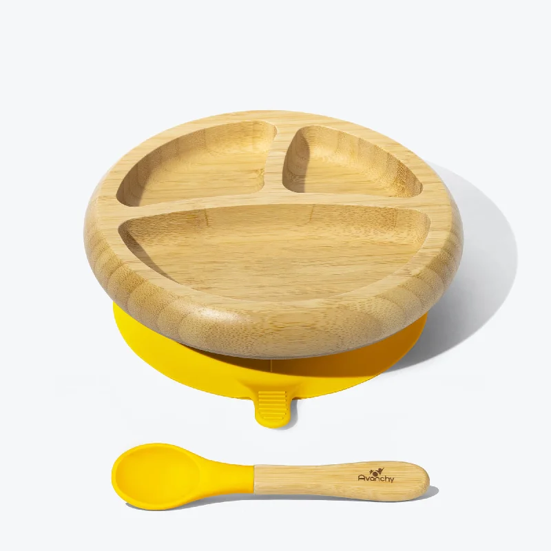 eco-friendly plastic dinnerware sets for families -Avanchy Bamboo Suction Baby Plate + Spoon - Yellow