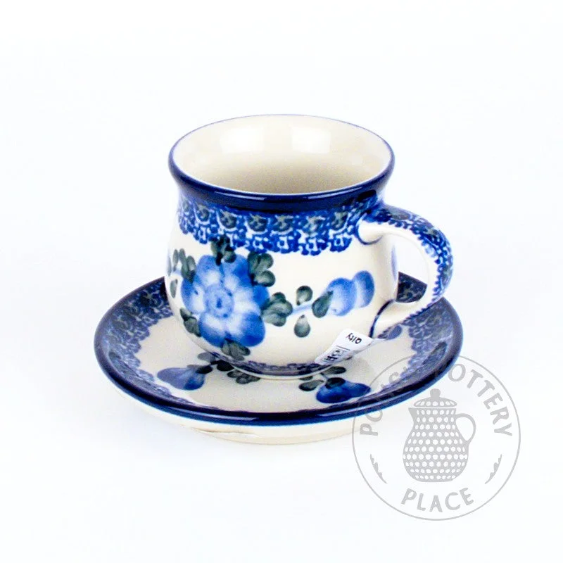 personalized tea mug -3.5oz Demitasse Cup and Saucer - Large Blue Flowers