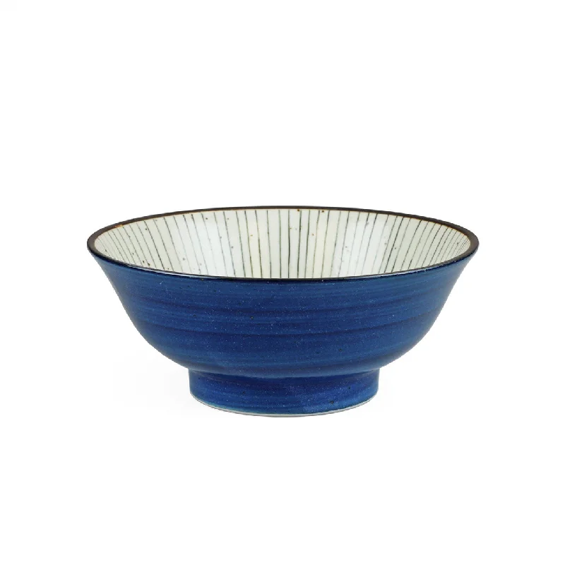 personalized bamboo serving platters -Tokusa Blue Lined Interior Noodle Bowl 48 fl oz / 8.5" dia