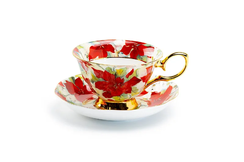 unique coffee mug -Poinsettia Gold Bone China Tea Cup and Saucer