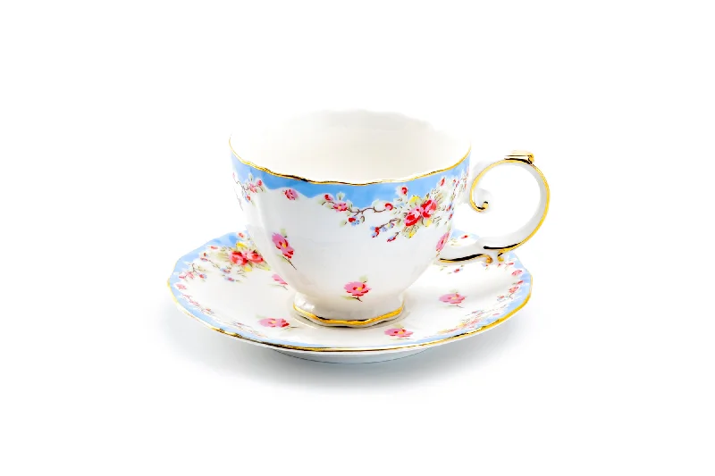 cute coffee cup with design -Rose with Blue Accent Fine Porcelain Tea Cup and Saucer