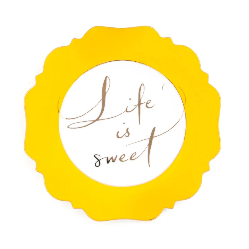 reusable bamboo plates for holiday events -Yellow ‘Life is Sweet’ Side Plate