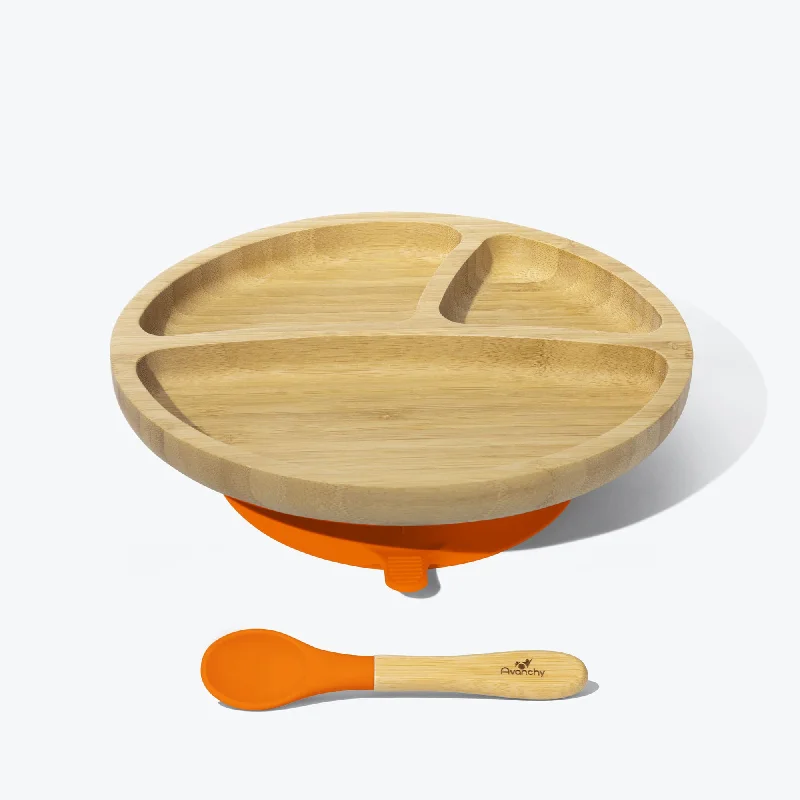 reusable bamboo plates for daily use -Avanchy Bamboo Suction Toddler Plate + Spoon - Orange