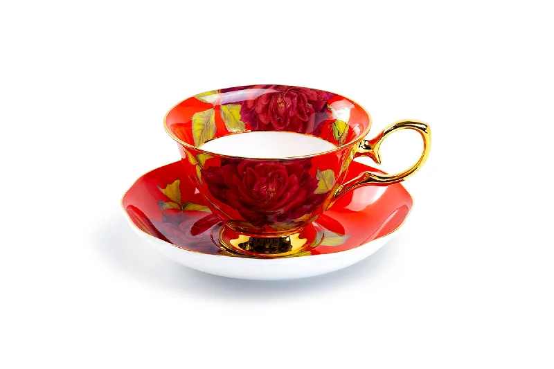 silicone coffee mug -Gold Red Stem Rose Bone China Tea Cup and Saucer