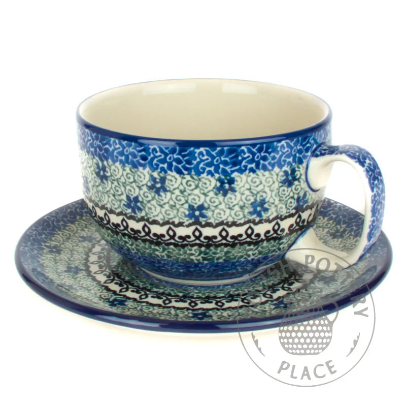 insulated coffee mug -12oz Cup & Saucer Set - Green and Blue Lace