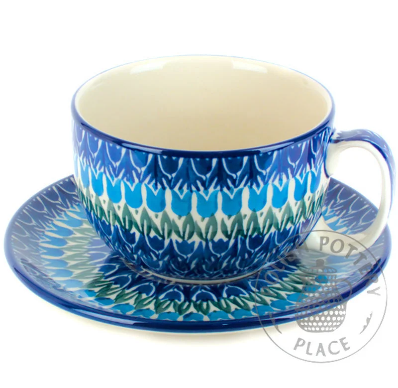 reusable coffee cup -12oz Cup & Saucer Set - Blue Tulips