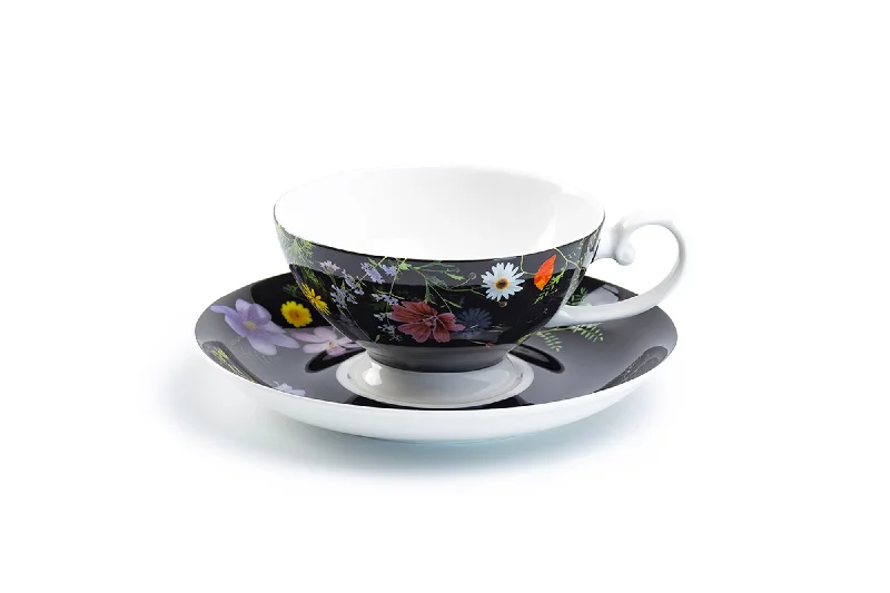 stackable mugs for coffee -Summer Meadow Black Bone China Cup and Saucer