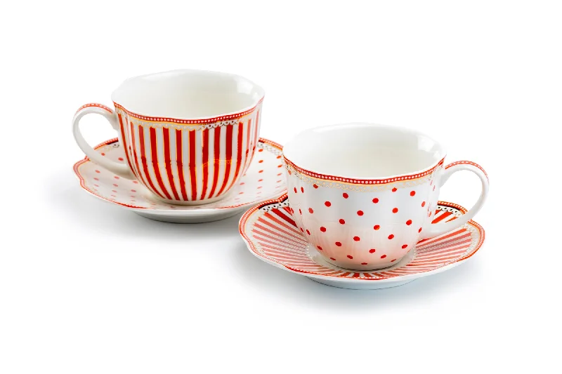 motivational coffee mug -Red Josephine Stripes and Dots Fine Porcelain Cup and Saucer Sets