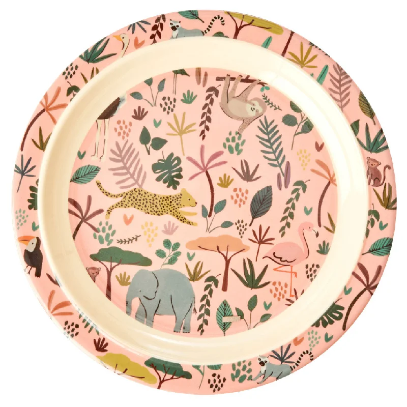 elegant wooden serving trays for weddings -Rice DK Melamine Kids Lunch Plate in Coral with All Over Jungle Animals Print