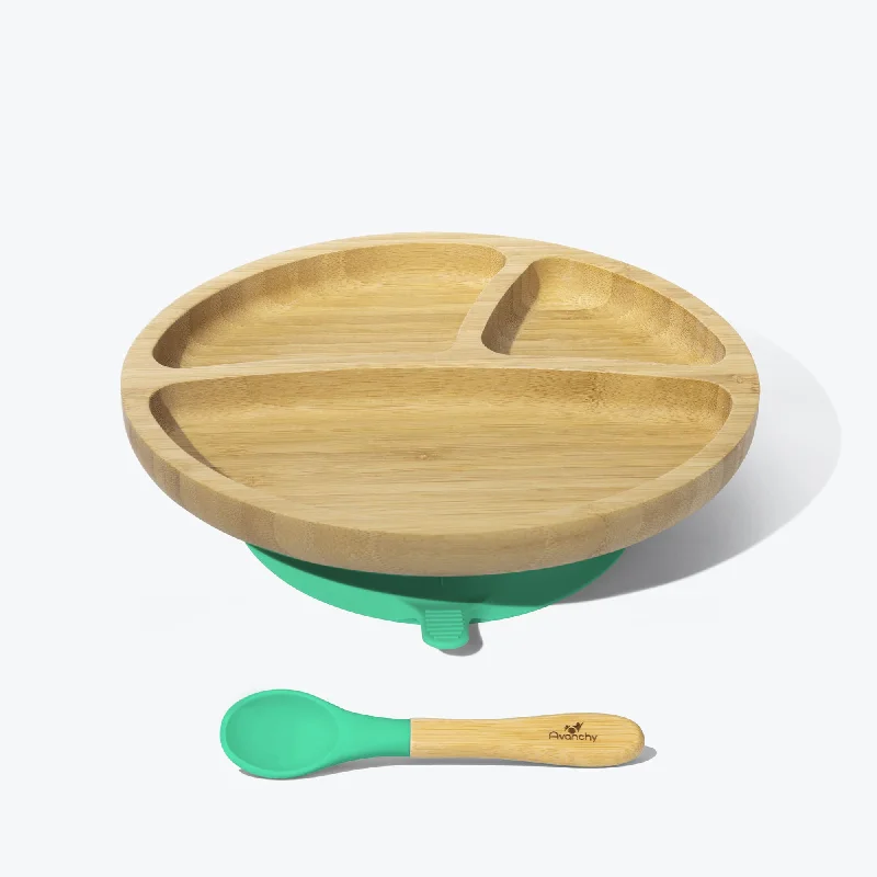 personalized dinnerware for Christmas celebrations -Avanchy Bamboo Suction Toddler Plate + Spoon - Green