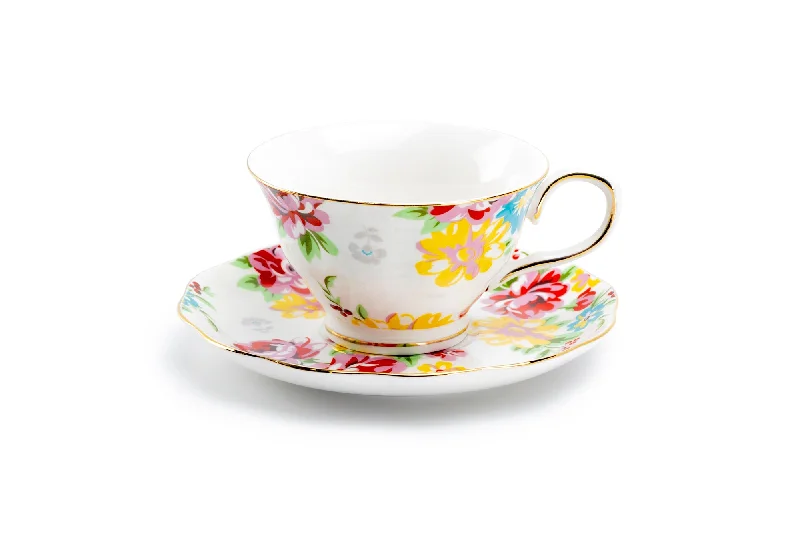 coffee cup with design -Shabby Rose Fine Porcelain Tea Cup and Saucer