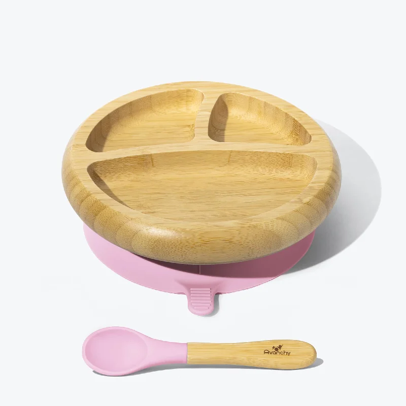 premium bamboo cutlery for holiday dinners -Avanchy Bamboo Suction Baby Plate + Spoon - Pink