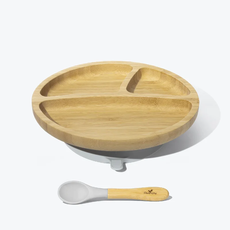 reusable bamboo bowls for picnics and BBQs -Avanchy Bamboo Suction Toddler Plate + Spoon - Grey