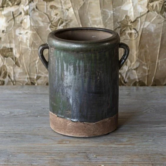 luxury geometric flower jar for living room -Aged Olive Glazed Pottery Crock Set