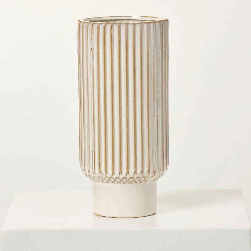 tall wooden flower vase for home decor -Astor Ivory Fluted Ceramic Vase with Smooth Footed Base - Available In 2 Sizes