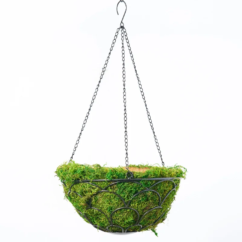 unique geometric handmade flower vase for floral arrangements -Black Hammer Preserved Moss Ashford Round Metal Plant Hanging Basket