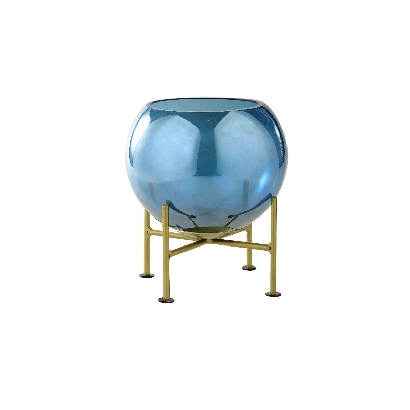 unique handmade flower vase for modern office -Blue Glass Globe Vase with Golden Metal Base