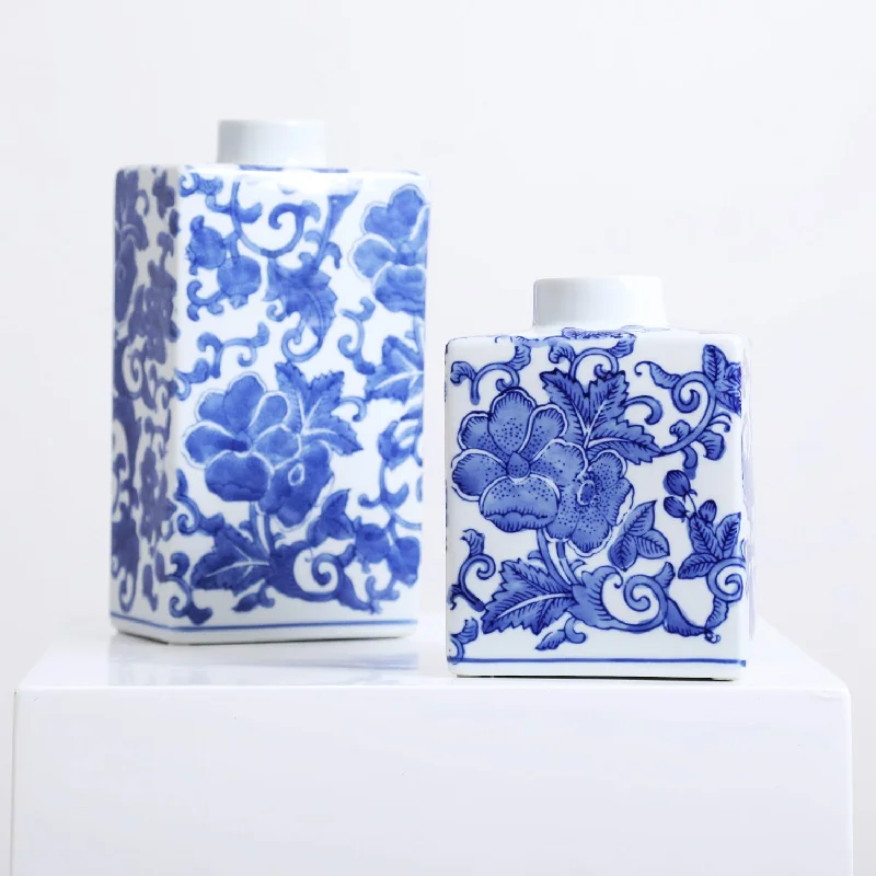 vintage geometric flower jar for office decor -Blue & White Floral Chinoiserie Porcelain Decor Vase - Available in 2 Sizes