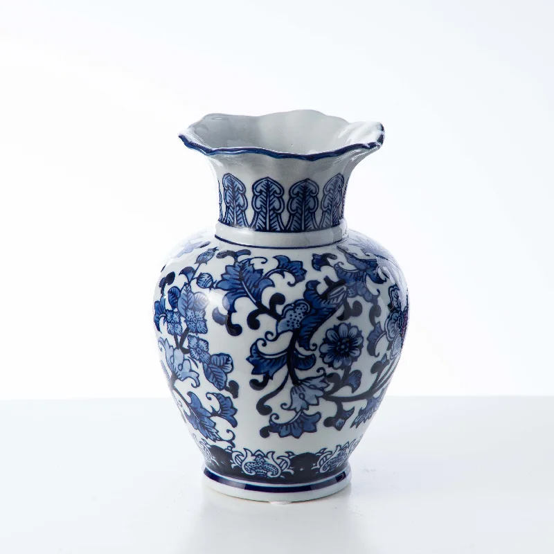 decorative ceramic flower jar for dining room -Blue & White Porcelain Chinoiserie Medium Begonia Vase