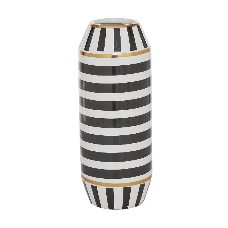 geometric crystal handmade flower jar for home centerpieces -Ceramic Striped Decorative Vase with White and Gold Accents - Black - Roche River Decor