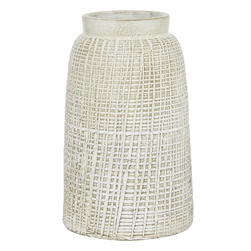 geometric ceramic flower jar for table centerpiece -Ceramic Textured Crosshatch Decorative Vase - White - Roche River Decor