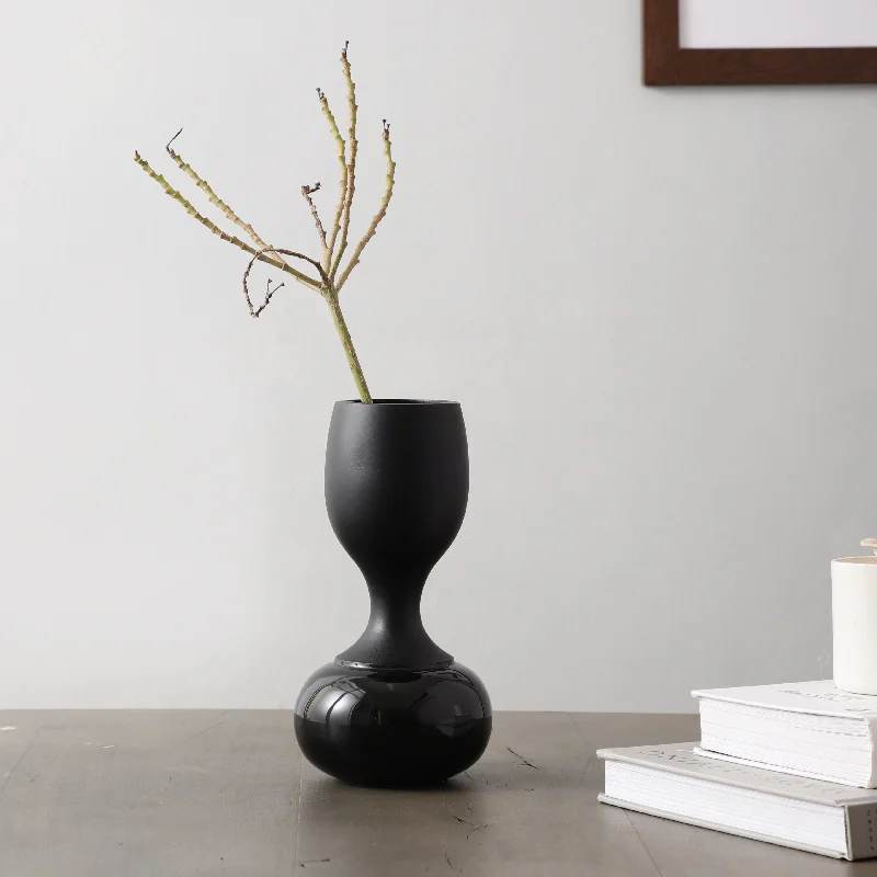 large ceramic geometric flower vase for living room -Chalice Black Enamel Vase