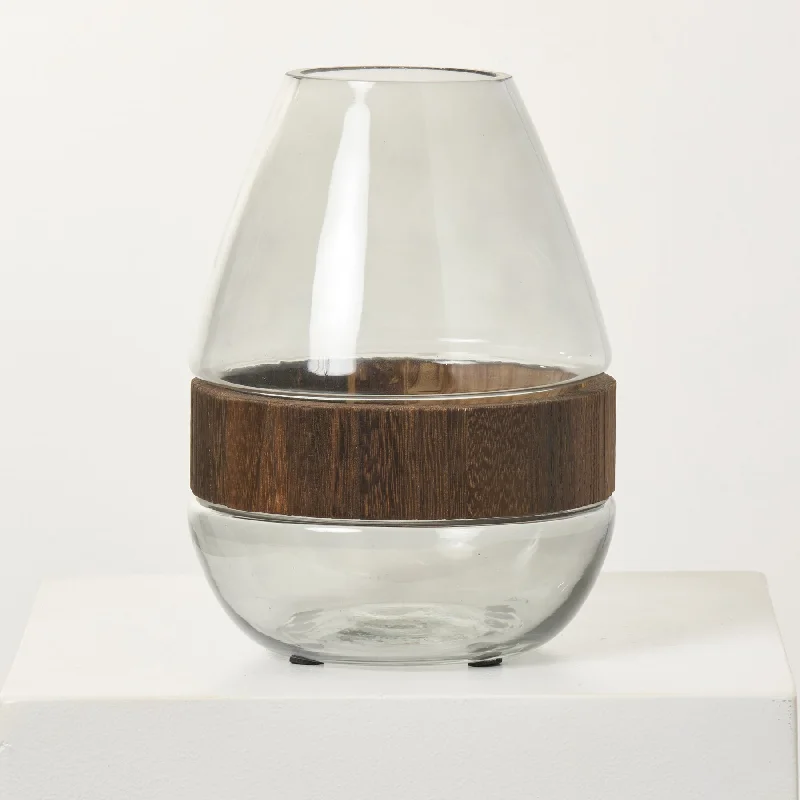 geometric handmade flower vase for living room -Clear Glass Teardrop Vase with Faux Wood Band