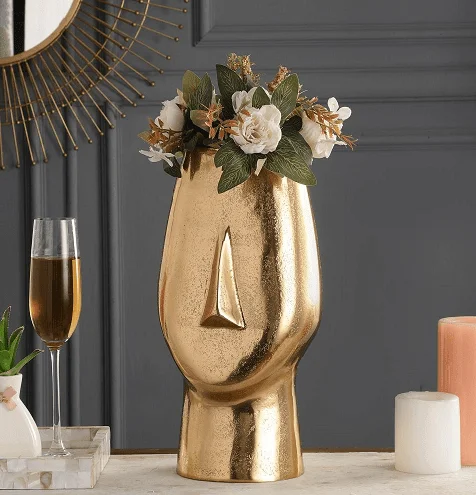 large geometric wooden flower vase for home -Flat Face Vase Gold