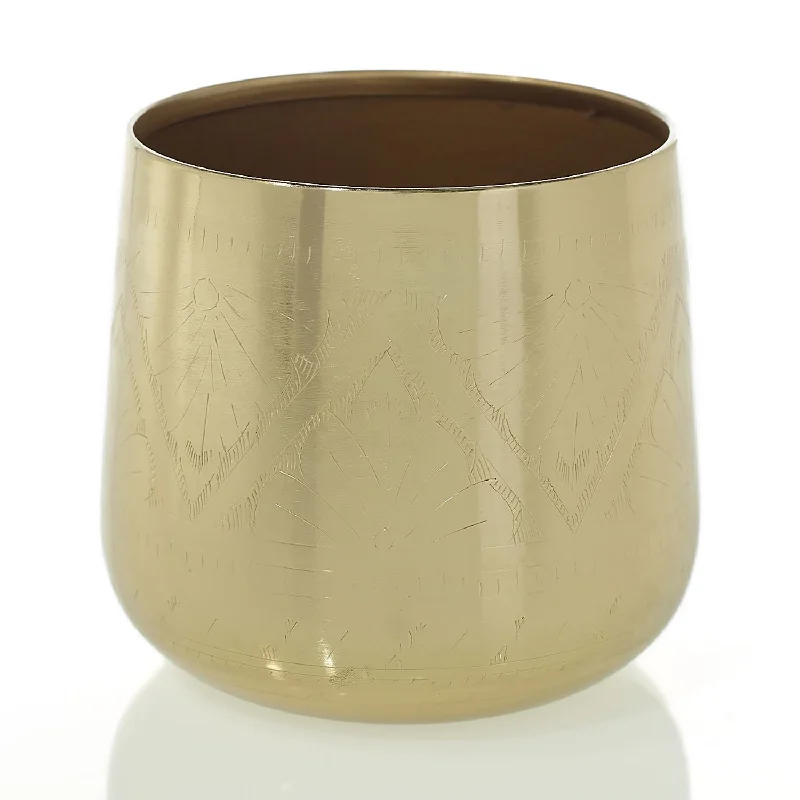 geometric handmade flower vase for floral design -Gold Metal Etched Floral Design Vessel Pot