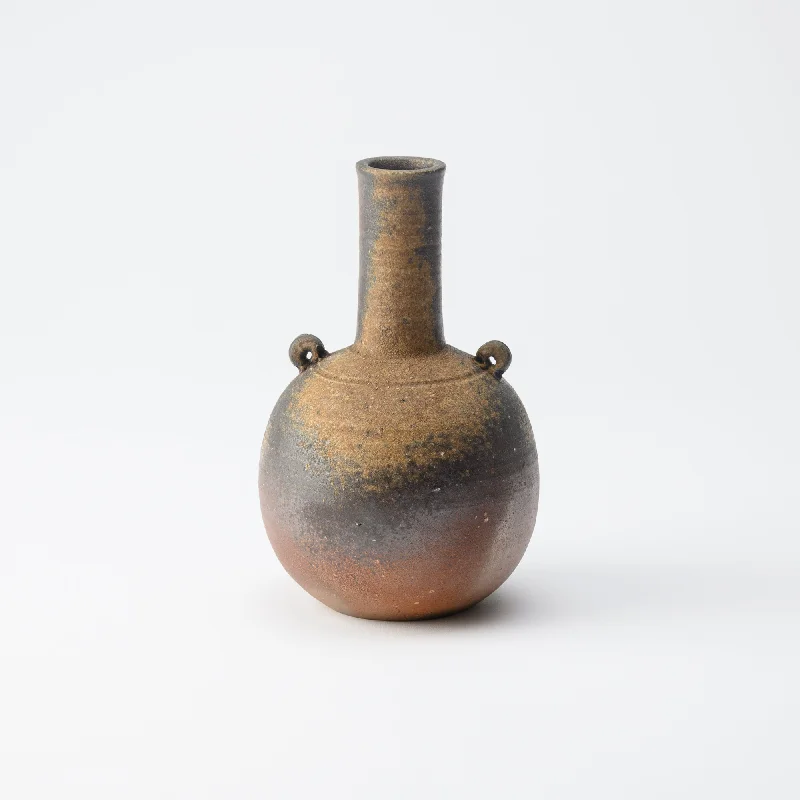 rustic handmade flower vase for wedding centerpiece -Hozan Kiln Goma Bizen Ware Crane Neck Flower Vase