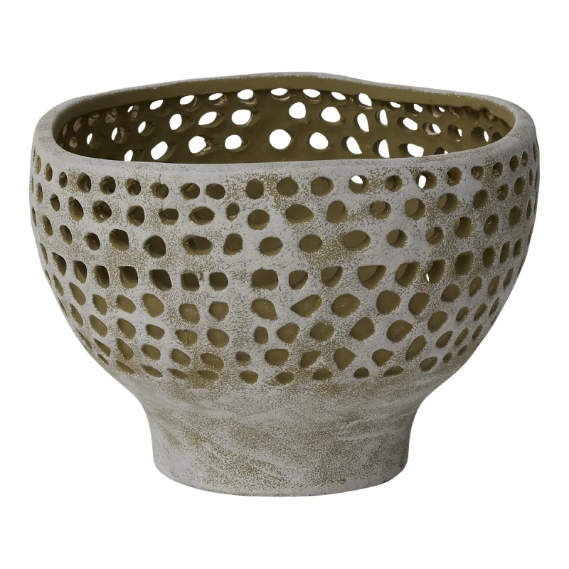 large handmade geometric flower vase for floral arrangements -Large Neutral Earth Tone Pierced Ceramic Pelo Planter Bowl