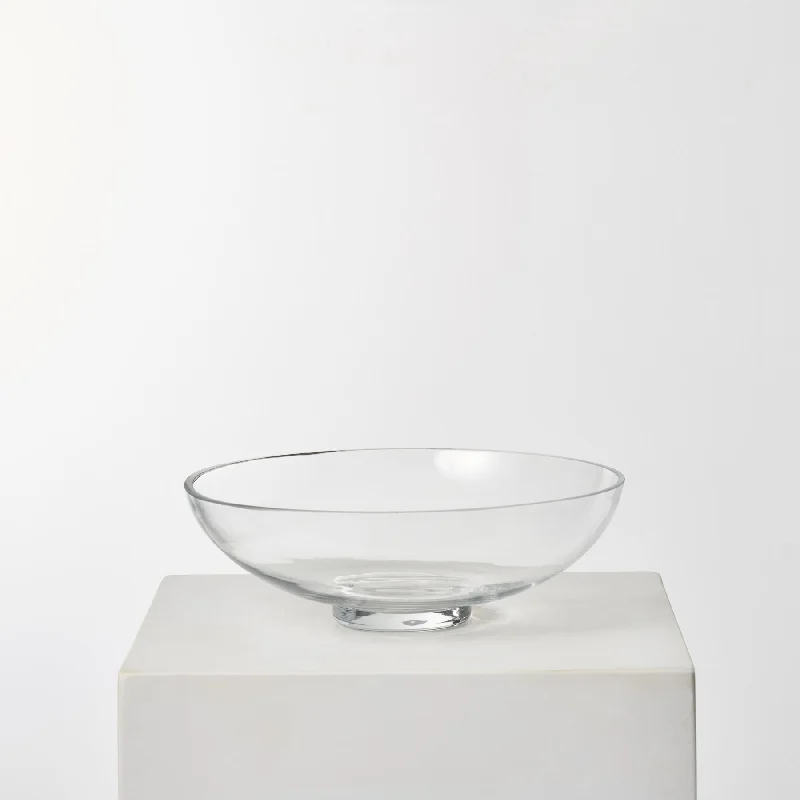 large handmade flower jar for home floral arrangement -Low Handblown Glass Fruit Bowl Clear Catchall Vessel