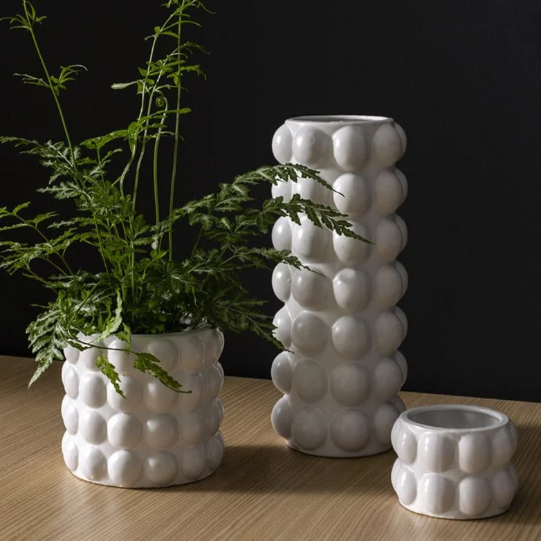 decorative geometric flower vase for floral displays -Matte White Modern Ceramic Bubble Vase Pot