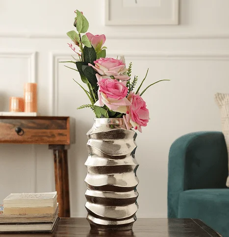 rustic handmade geometric flower jar for home -Mila Wave Silver Vase