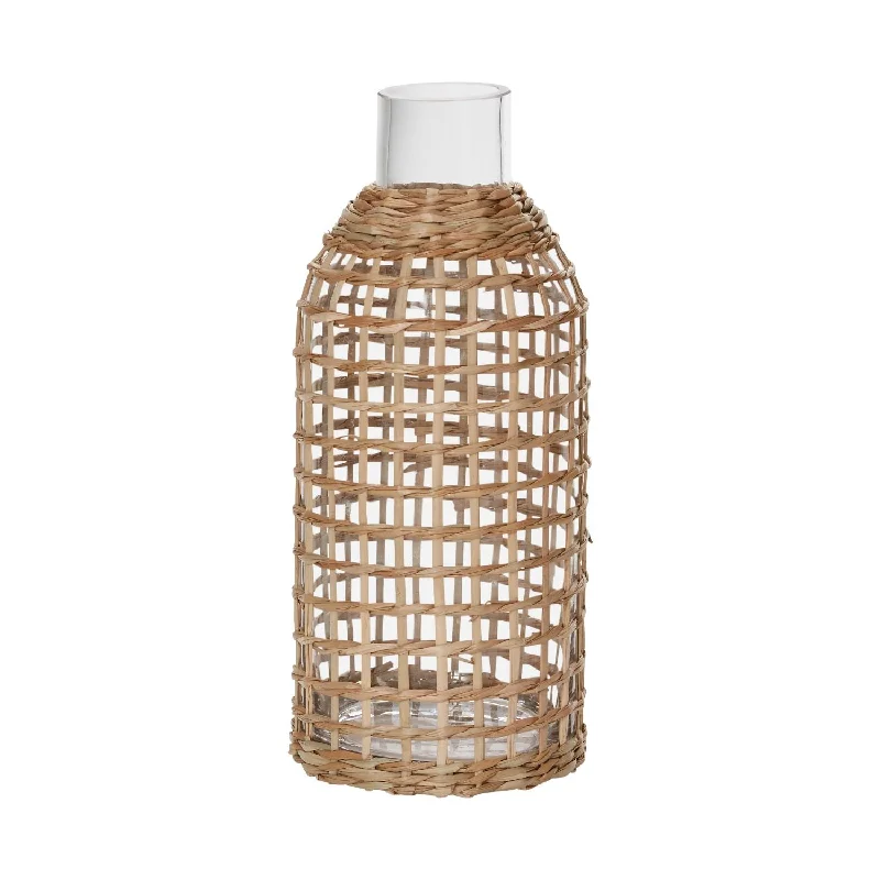 contemporary handmade ceramic flower vase for dining room -Modern Tropical Glass Carafe Vase with Natural Woven Rattan Cover