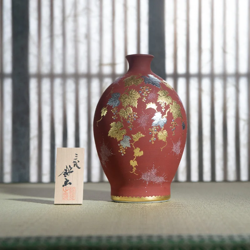 rustic tall flower vase for home decor -Red Morikin Shirochibu Grape Pattern Oval Vase