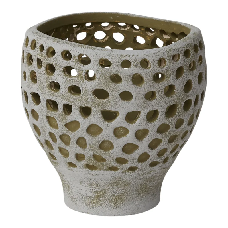 decorative geometric flower jar for wedding centerpiece -Neutral Earth Tone Pierced Ceramic Pelo Planter Pot