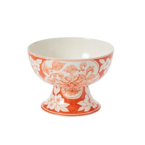 handmade geometric flower vase for home floral arrangements -Coral Orange & White Hand Painted Chinoiserie Ceramic Elodie Compote Pedestal Dish