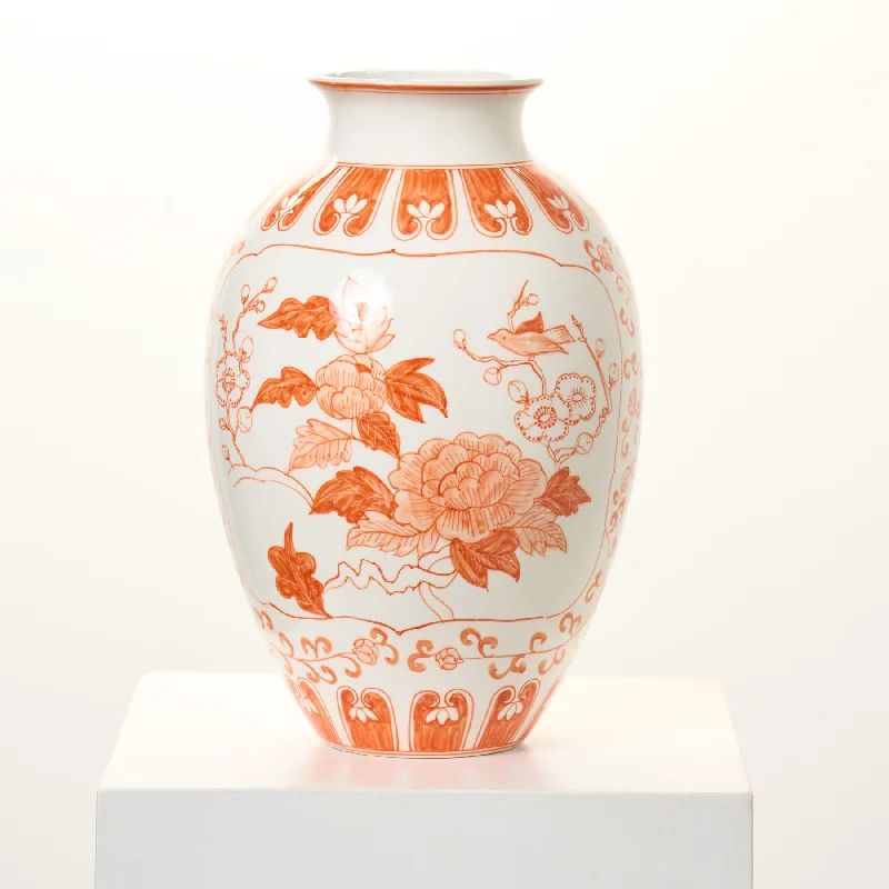 large geometric flower vase for home centerpieces -Coral Orange & White Hand Painted Chinoiserie Ceramic Elodie Tapered Neck Flower Vase