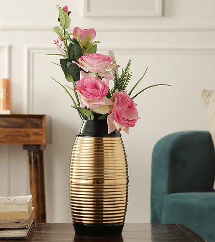 handmade geometric flower jar for living room -Regal Black and Gold Banded Enamel Vase